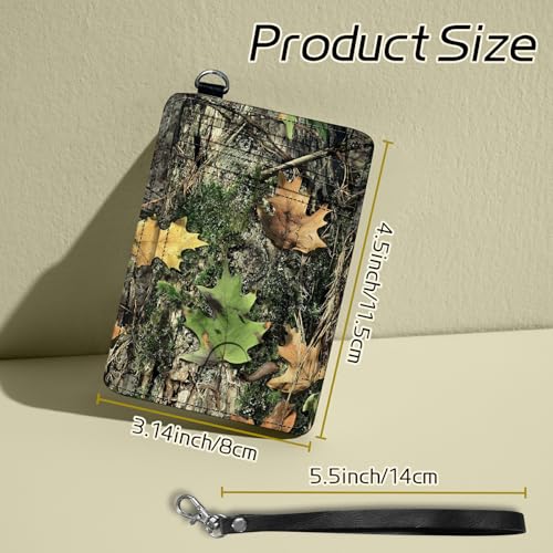 Image of Small Travel Wallets, Camo Tree Leaf Slim Minimalist Front Pocket Wallet with Wristlet, RFID Blocking PU Leather Credit Card Holder with ID Window Change Purse for Men Women