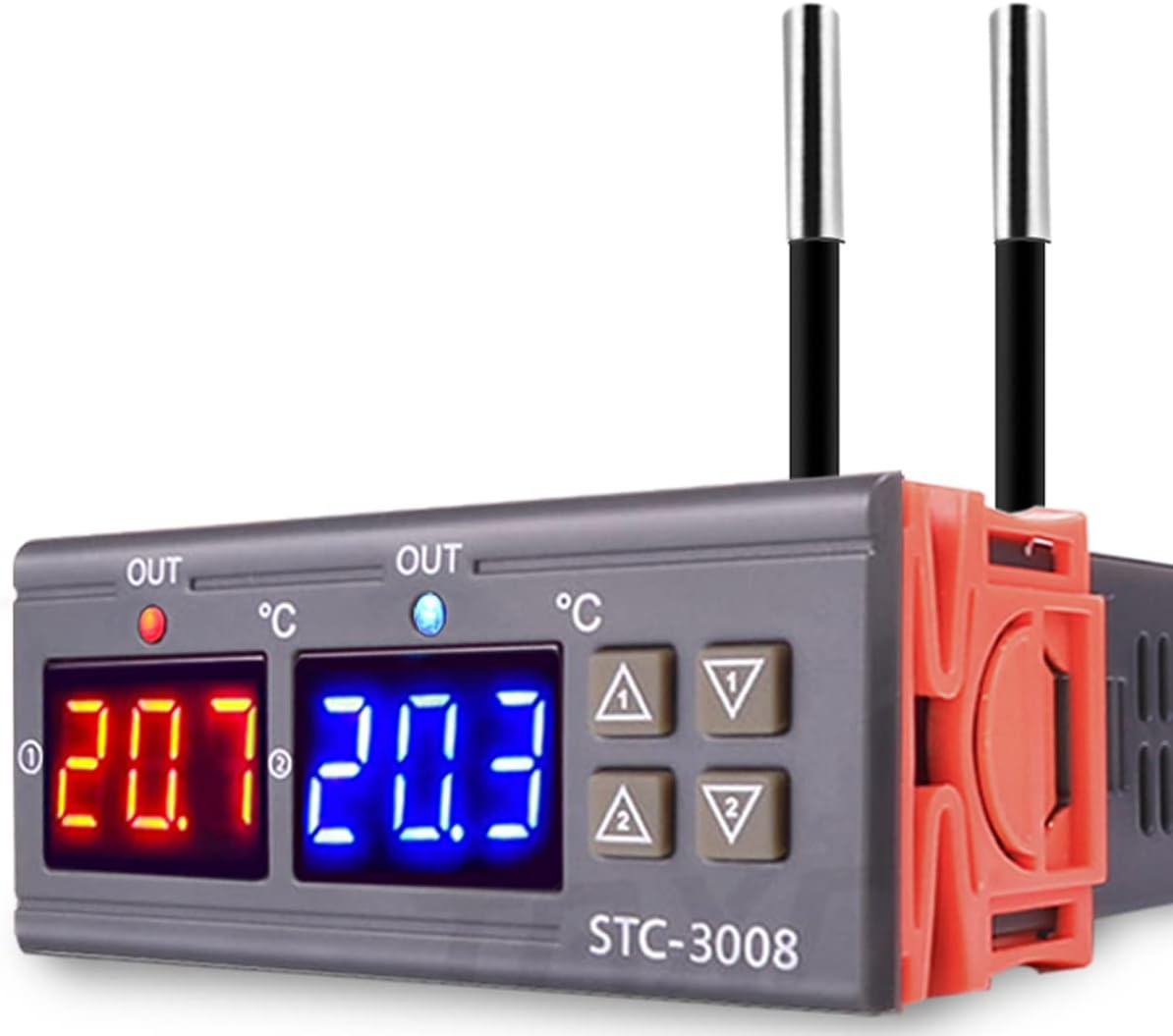 Greluma STC-3008 AC 110V-220V Temperature Thermostat Controller, Digital Temperature Controller with Dual Display and Dual NTC Probe Sensor, Heating and Cooling Mode