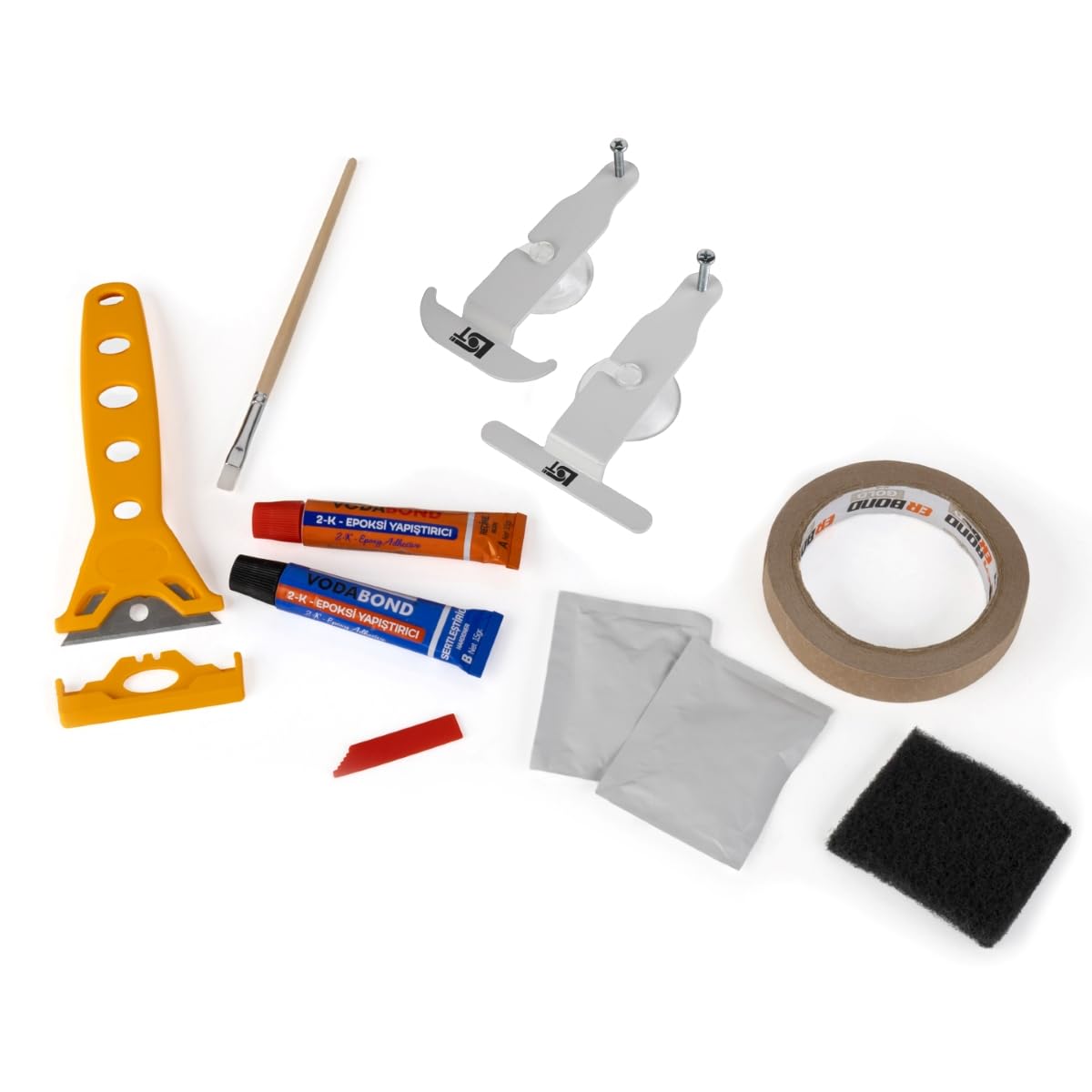 LST Cabrio Heckscheiben Reparaturset (21 Teilig) Verdeck Reparatur Satz für Stoffverdeck & Softtop, Klebesystem, inkl. Schleifvlies, Schaber und Fixierhalterungen aus Metall, universell für Cabriolet