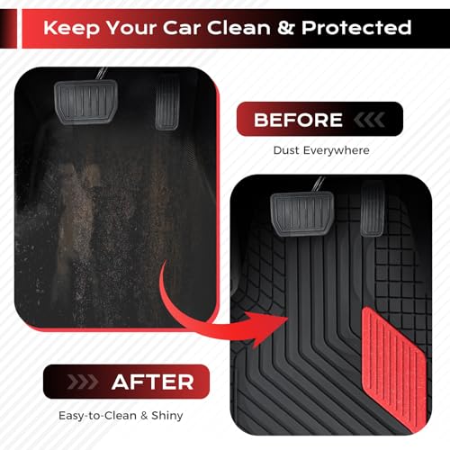 Image of Coverado Heavy-Duty PVC Car Floor Mats Full Set - Red Metallic Heel Pad, All-Weather Protection for Front & Rear, Non-Slip Backing, Easy-to-Clean Liners, 4 Pcs