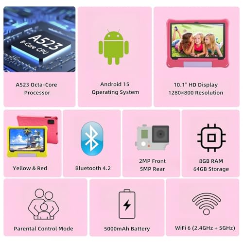 Image of Kids Tablet 10 Inch, Android 15 Tablets for Kids Ages 3-12, Parental Control, Preloaded Kids Apps, Octa-Core, 8GB+64GB, 1TB Expandable, WiFi 6, Dual Camera, Android Tablet with Case for Toddlers