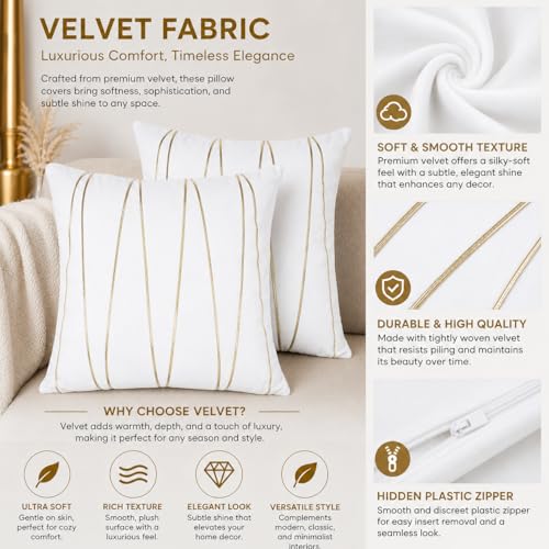 Image of Amazon Brand - Umi Gold Leather Striped Pack of 2 Throw Pillow Covers Velvet Decorative Cushion Covers Cases for Sofa Bedroom Livingroom Car 24 x 24 in White Color