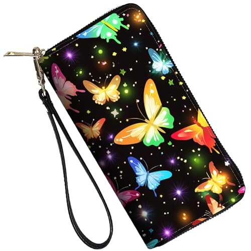 Image of RFID Blocking Leather Wallet for Women - Large Capacity Zip Around Clutch with 8 Card Slots,17 Cash Pockets & Coin Zipper,Colorful Butterfly