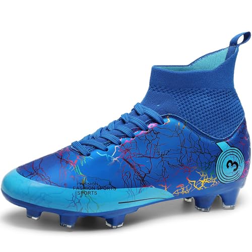 DISRATEBLU Kids Soccer Shoes Boys Football Cleats Professional Athletic Outdoor Trainning Football Shoes Youth Girl Turf Soccer Cleats Blue