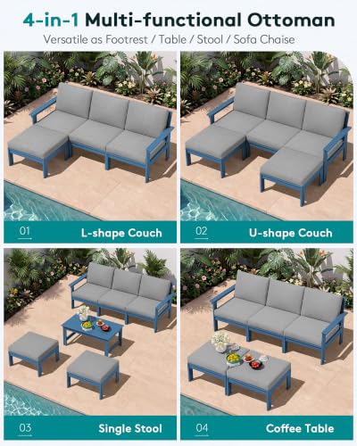 Image of SERWALL HDPE Outdoor Ottoman with Cushions for Outdoo Sofa | Blue Frame & Gray Cushions