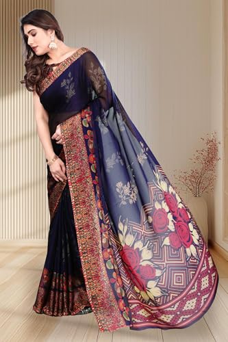Image of SUPERLAXMI Women's Chiffon Floral Printed Saree with Blouse Piece