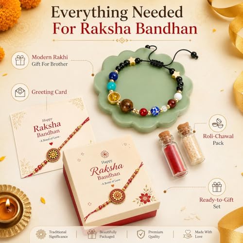 Image of Navgrah 9 Planet Bead Rakhi for Brother, Solar System Bracelet, Handcrafted, with Roli Chawal, Raksha Bandhan Gift Set