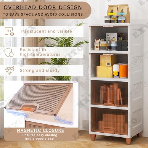 Image of EXVITO 2 Tier Foldable Wardrobe for Bedroom Clothes Storage Cabinet | Collapsible Plastic Almirah Organizer with Magnetic Doors & Wheels | Stackable Cupboard for Clothes Storage - Beige