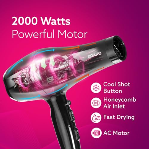 Image of AGARO HD-1120 2000 Watts Professional Hair Dryer with AC Copper Motor, Concentrator, Diffuser, Comb, Hot & Cold Air, 2 Speed 3 Temperature Settings with Cool Shot, For both Men & Women, Black
