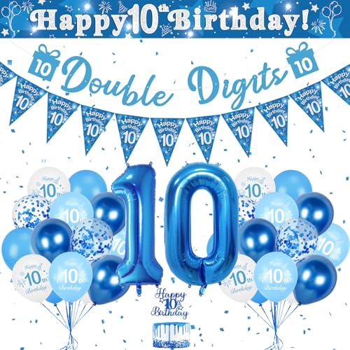 Blue 10th Birthday Party Decorations for Boys - Happy Birthday Banner Number 10 Balloons Triangle Flag Confetti - Boys Party Supplies