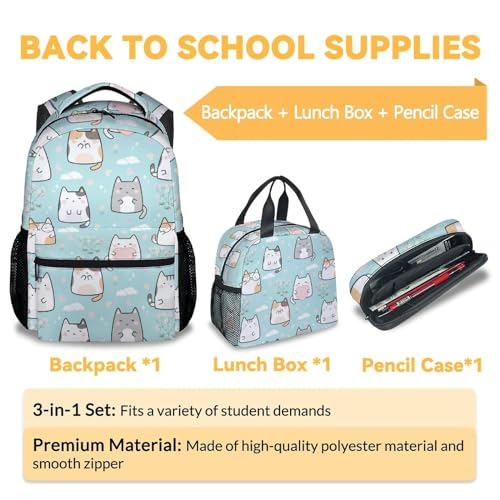 Cat Backpack with Lunch Box, Set of 3 School Backpacks Matching Combo for Girls Boys, Cute Green Bookbag and Pencil Case Bundle3