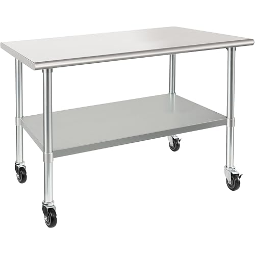 HARDURA Stainless Steel Table with Wheels 30 x 48 Inches Casters NSF Heavy Duty Commercial Work & Prep Table with Undershelf and Galvanized Legs for Restaurant Kitchen Bar and Hotel Garage