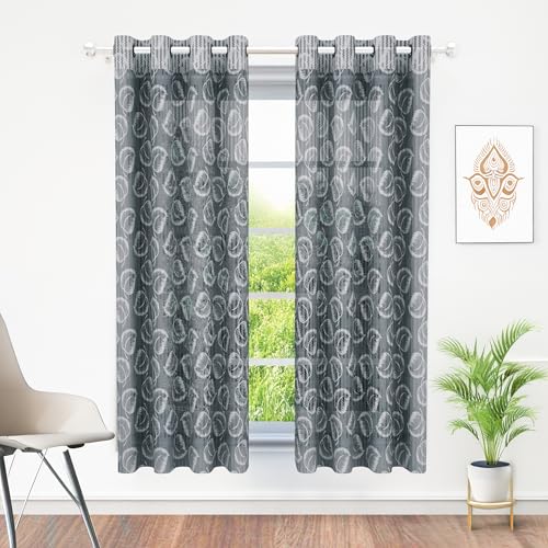 Image of Sheer Window Curtains Light Filtering Curtains 5 Feet for Home and Living Hall |Leaf| Grey |Polyester, Pack of 10