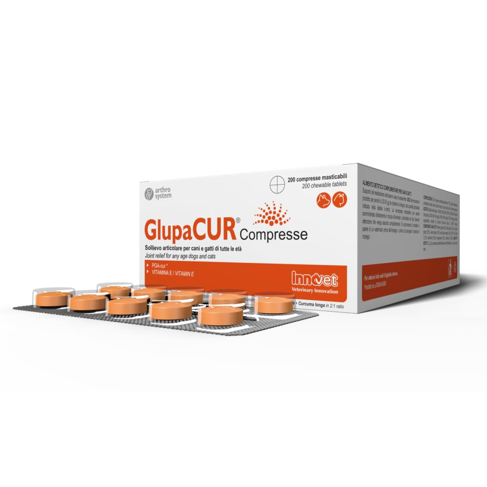 Innovet Glupacur Suplemento para Las Articulaciones de Perros y Gatos 200 Comprimidos – Apoyo Avanzado para la Movilidad con PGA, Curcumina y Vitamina E – Mejora Articulaciones Perro y Gato