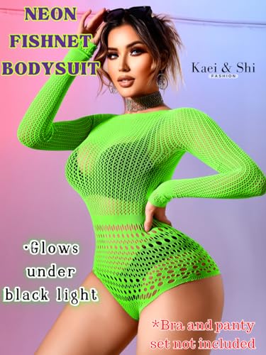 Image of Kaei&Shi Sexy Hollow Rave Outfits, Fishnet Bodysuit Fits US Women Sizes 0-18, Sheer Lace Glow Party Tops Festival Mesh