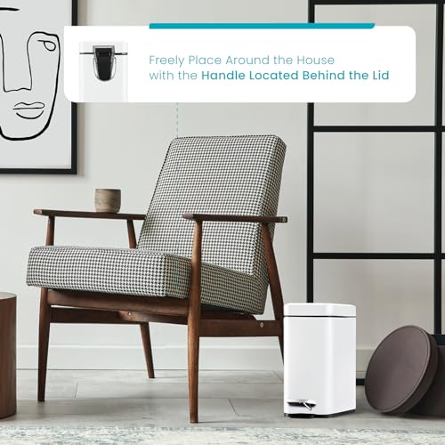 Home Zone Living 1.3 Gallon Small Bathroom Trash Can with Lid and Step Pedal, Stainless Steel Wastebasket with Slim Design for Home and Office, Matte White, 5 Liters