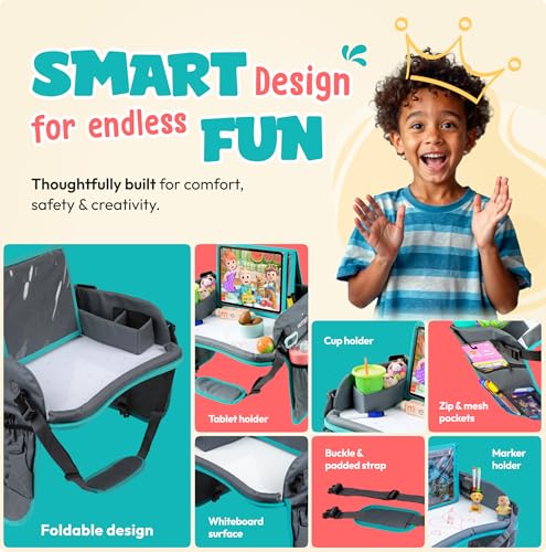 Image of Kids Travel Tray with Dry Erase Board WITRIP- Car Seat Tray for Kids Travel, Carseat Table Top for Toddler, Lap Desk for Car Seat, Activity Organizer & Snack Holder,Road Trip Essentials for Kid (Aqua)