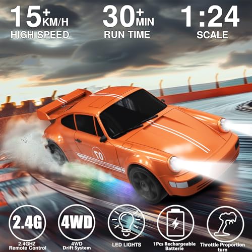 Image of RC Drift Car 1:24 Remote Control Car 4WD 15KM /H High Speed Racing Sport Car with LED Lights RC Cars Toy for Kids Boys Girls Adults Gifts Birthday Christmas