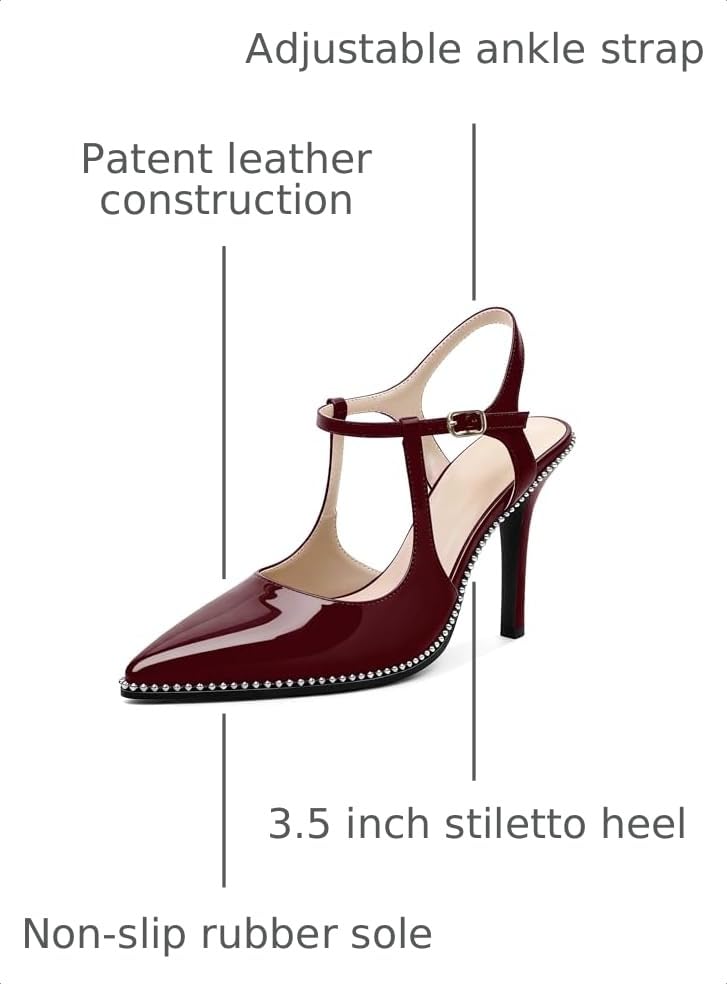 Image of SAMMITOP Womens High Heels Ankle Strap Pointed Toe Stilettos Patent Leather Beaded Pumps Dress Shoes 3.5 Inch
