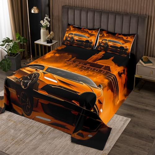 jejeloiu Kids Race Car Bedspread Queen Size Extreme Sport Games Coverlet Set for Boys Girls Bedroom Decor Modern Orange Quilted Coverlet Soft Lightweight Microfiber with 2 Pillow Cases