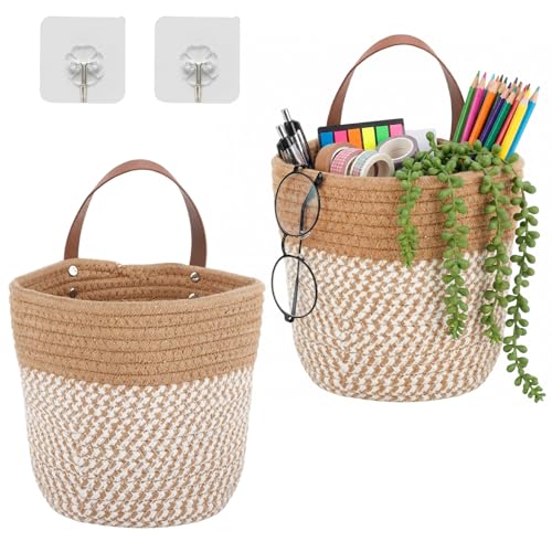 Dwitkul 2 Piezas Cesta Colgante, Cestas Colgantes De Cuerda De Algodón 16 X 18 Cm, Cestas De Pared Con Asa Para Baño, Almacenamiento Colgante, Organizador Del Hogar, Organizador De Ahorro De Espacio