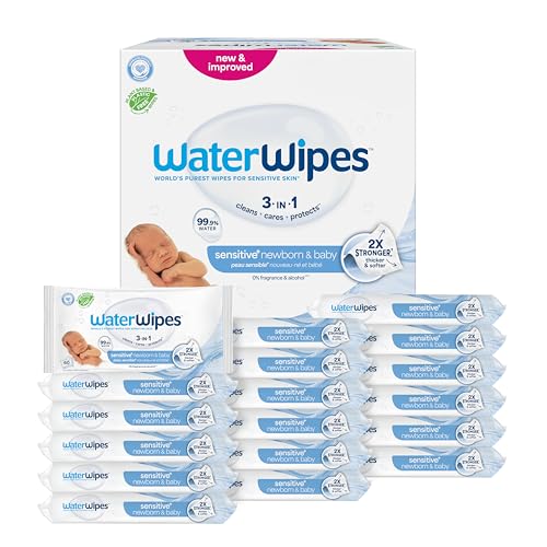 Image of WaterWipes Sensitive+ Newborn & Baby Wipes, 3-In-1 Cleans, Cares, Protects, 99.9% Water, Unscented & Hypoallergenic, 1080 Count (18 Packs)
