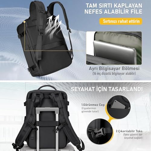 Haegs Seyahat Sırt Çantası, Seyahat Çantası Hafif El Çantası Küçük Bavul Valiz, Uçak Onaylı Kabin Çantası, Erkek ve Bayan İçin, 15.6 inç Notebook Dizüstü Bilgisayar Laptop Macbook Çantası, Siyah - Görsel 6