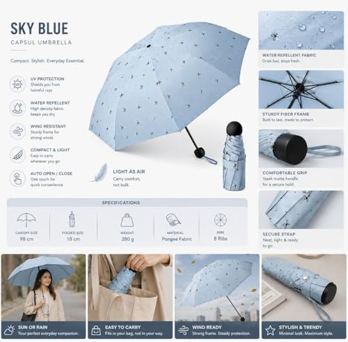 Image of Umbrella, Mini Folding Windproof & Compact UV Umbrella for Sun Protection Rain Windproof Strong Large 3 Fold for Women Handbags,3 Fold for Men Women, Stylish & Compact