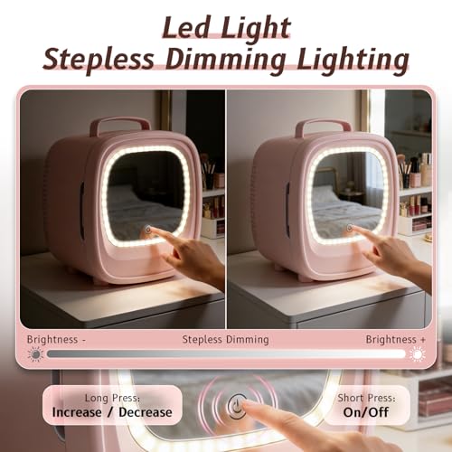 2 in 1 Mini-Kühlschrank mit Dimmbarem LED-Lichtspiegel, 6 Liter/8 Dosen Kühler & Wärmer Skincare Kosmetik Kühlschrank für Schlafzimmer, Hautpflege, Getränke, Büro, Wohnheim und Auto, Pink