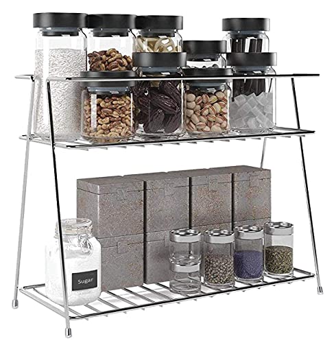Image of CR18 COLLECTION Stainless Steel Kitchen Rack, Kitchen Organizer and Space Saver, Counter top Stainless Steel Kitchen Stand 2-Tier Trolley Basket for Boxes Utensils Dishes Plates for Home