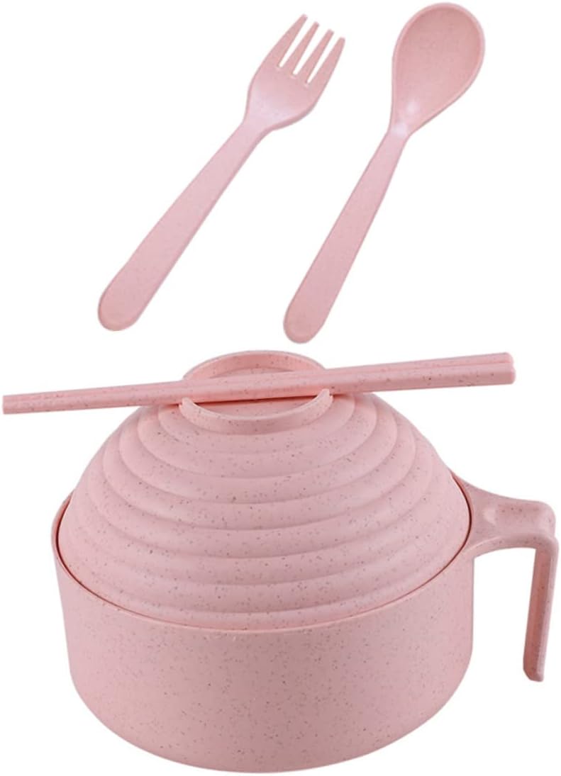 Wheat Straw Noodle Bowl Set with Cover, Fork Spoon Chopsticks, Pink