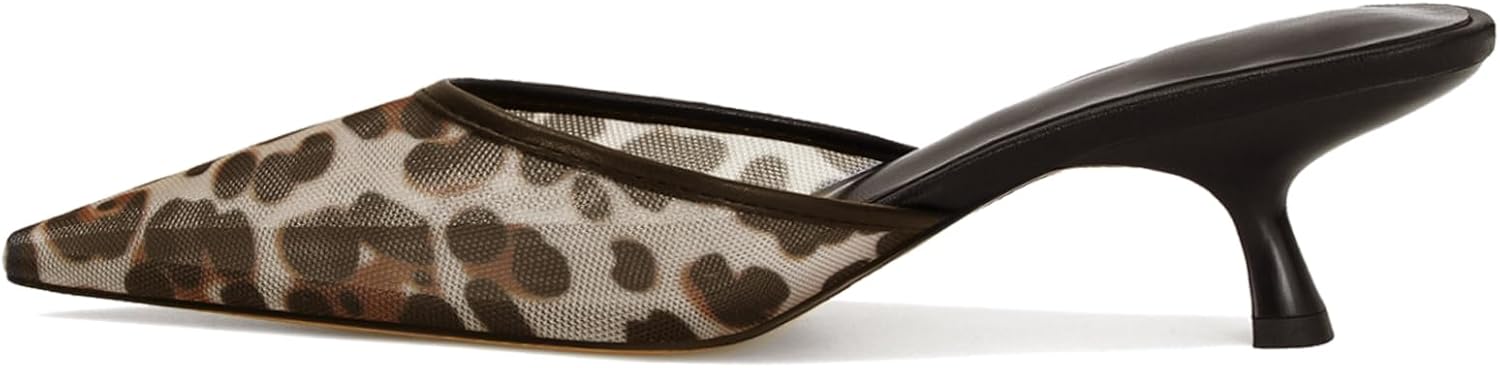 mesh kitten heels mules for women closed pointed toe slip on backless stiletto slingback low heels comfort pumps shoes 9.5 leopard mesh