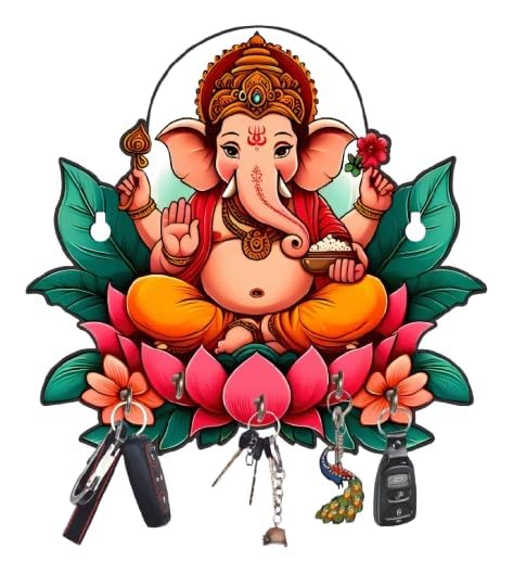 Ganesh en bois imprimé pour décoration d'intérieur et rangement mural de clés