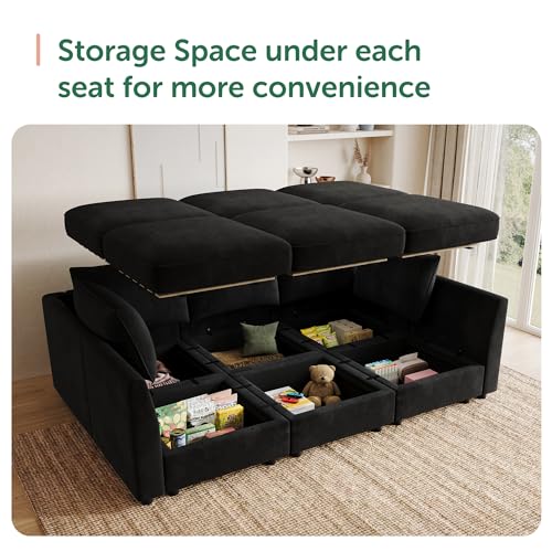 Image of HONBAY Modular Velvet Sleeper Sectional Sofa with Storage,Black | Easy to assemble,Hidden Storage,Removable Cushion,Sectional Couches for Living Room,Pet-friendly Fabric