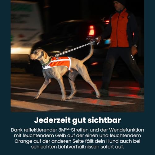 Axaeco Hunde Warnweste - wendbar in Signalgelb & Signalorange, extrem Robustes Cordura (Wind- & wasserdicht), 3M™ Reflektorstreifen, elastischer Bauchgurt (L)
