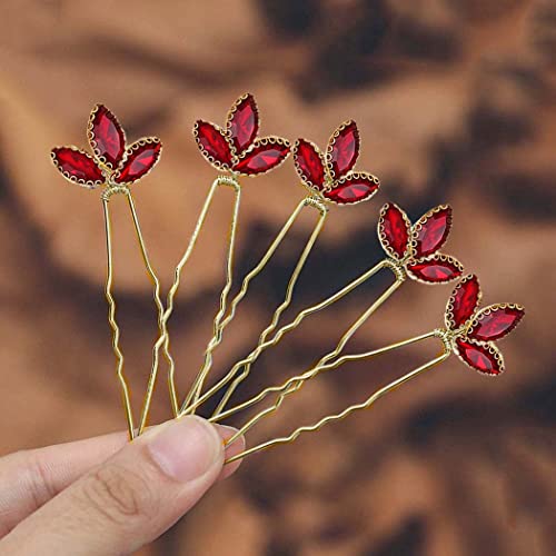 Casdre Crystal Bride Wedding Hair Pins Bridal Hair Piece Wedding Hair Accessories for Women and Girls (Pack of 5) (D Red)