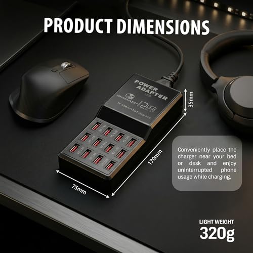 Image of 12-Port USB Charging Station for Multiple Devices-Portable Fast USB Charging Hub Compatible with iPhone, Android, Tablet, AirPds & More-Compact Charger Block for Home, Office