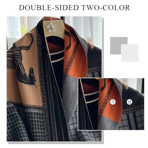 Winter Scarf Cashmere Shawl Color Blocked Plaid Retro Horse Pattern Reversible Scarf With Tassel Pashmina Stole Wrap4