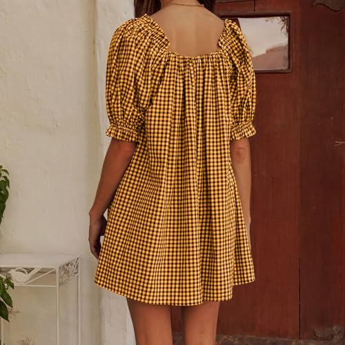 Image of Women Y2k Puff Sleeve Babydoll Dresses Square Neck Tie Back Mini Dress Summer Solid Off Shoulder Flowy Sundress