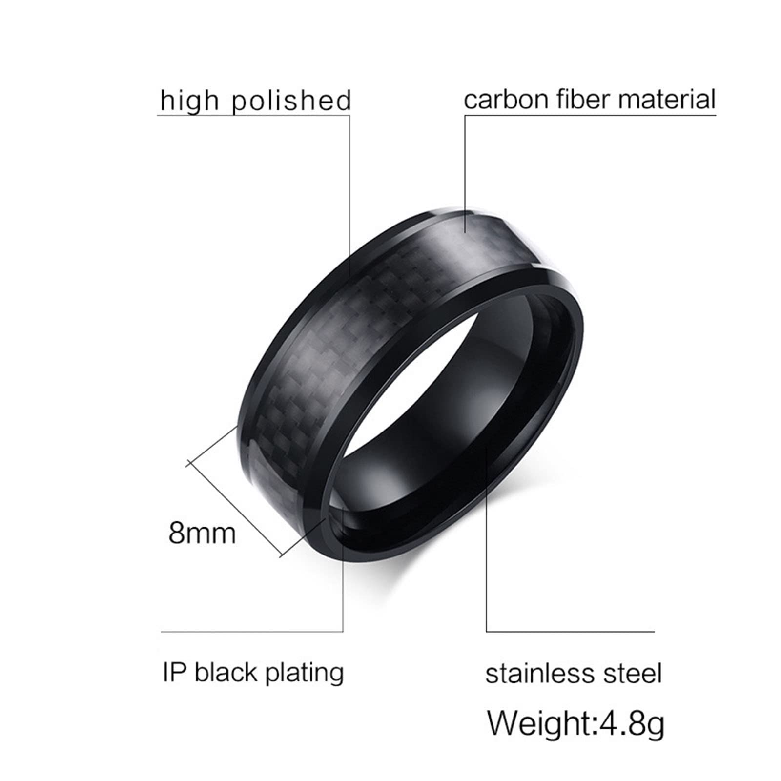AmDxD Collar par, anillo de acero inoxidable, colgante de fibra de carbono, cadenas negras, 2 unidades para mujeres y hombres (ancho 8 mm, cadena para hombre 60 cm, cadena de 50 cm), Acero