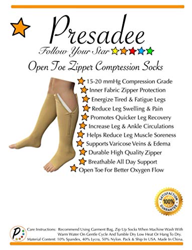 Image of Presadee Petite Open Toe 15-20 mmHg Moderate Zipper Compression Leg Calf Socks (Beige, L /XL)