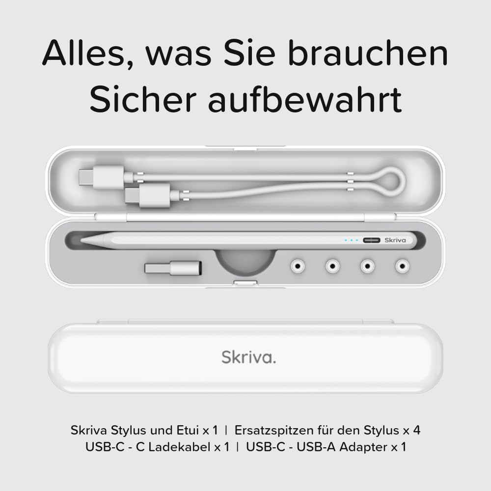 Stylus für iPad (ab 2018) mit Shortcut-Taste, Neigungserkennung & Handballenerkennung, magnetisch, USB-C Schnellladung, Batterieanzeige, Case & Ersatzspitzen