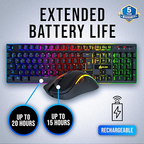 Image of KLIM Thunder Wireless Gaming Keyboard and Mouse Combo - New - Backlit Keyboard with Long-Lasting Built-in Battery - 4800 DPI RGB Gaming Mouse for PC