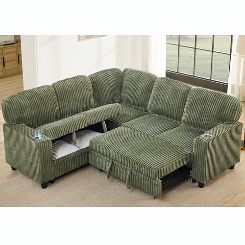 Image of KEIKI 81 inch L-Shaped Oversized Corduroy Modular Sectional Sleeper Sofa with Pull-Out Bed, Storage Seat, 5-Seater Upholstered Couch Bed with Charging Station, Easy Assembly, for Living Room, Olive Green