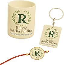Choicecases Raksha Bandhan Gift Combo for Brother – Printed Mug, Keychain, Rakhi with Roli Chawal – Alphabet R Design – “Happy Raksha Bandhan, Pyar Ka Rishta Hamesha Ke Liye” Msg – Gift for Bhai