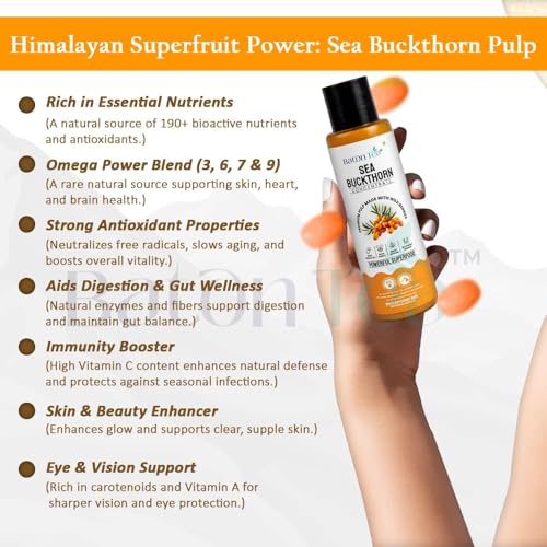 Image of Baton Himalayan Sea Buckthorn Pulp Pure Berry Concentrate, Rich in Omega 3-6-7-9 & Vitamin C, Immunity Booster, No Sugar Added, Supports Skin & Heart Health (100ml Pack 1)