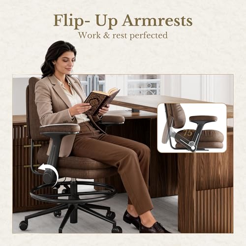Image of Executive Drafting Chair, Extral Thick Tall Office Chair with Padded Flip-Up Armrests, Mid-Back Cushioned Seat, 360 Swivel Rolling Computer Desk Chair, Vintage Brown