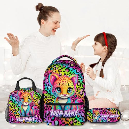 Custom Girls Backpack with Lunch Box, 3PCS Cheetah School Backpacks Matching Combo for Kindergarten, Cute Leopard Print Bookbag and Pencil Pouch Bundle2