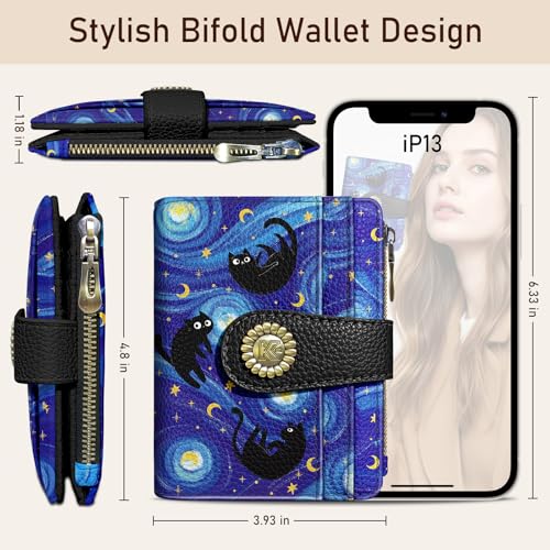 Image of Kelvoris Black Cat Bohemian Small Rfid Women Wallet Zipper Coin Pocket | Vintage Bifold PU Leather Compact Cash Credit Card Holder Travel Purse for Female Ladies Teen Girls 1 ID Window 10 Card Slots