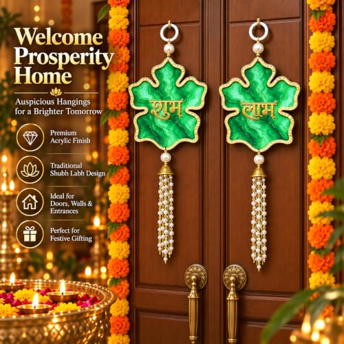 Image of Akaar Decor Artificial Marigold Door Hanging Toran | Diwali Decoration Items for Home Decor| Festive Decor| Office Decor| -(L:Approx. 2.5ft) (Acrylic Shubh Labh Green)